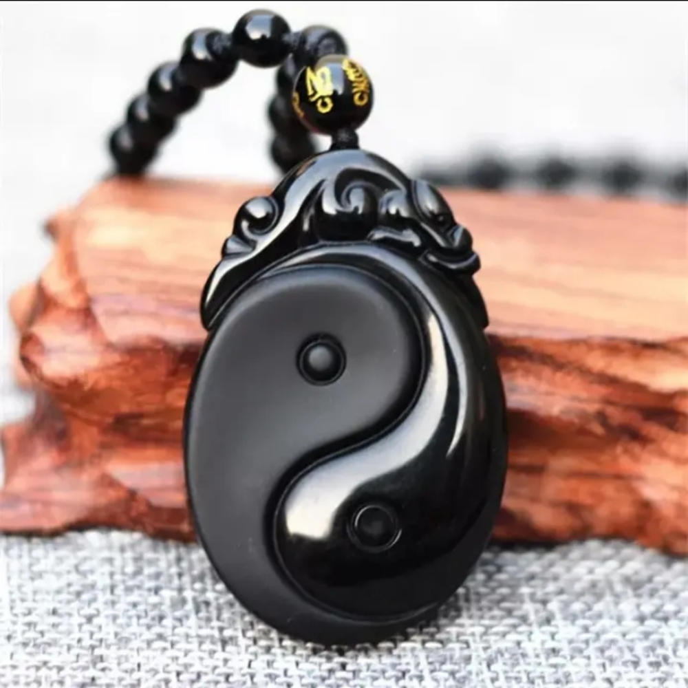 Natural Black Obsidian Carved Yin And Yang Bagua Necklace